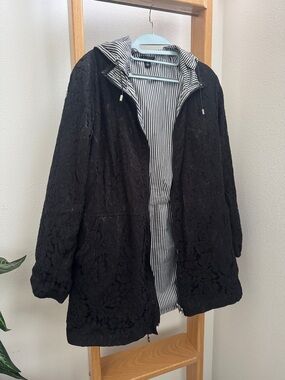 TRIBAL Reversible Black Lace/Striped Removable Hood Waist Cinch Coat